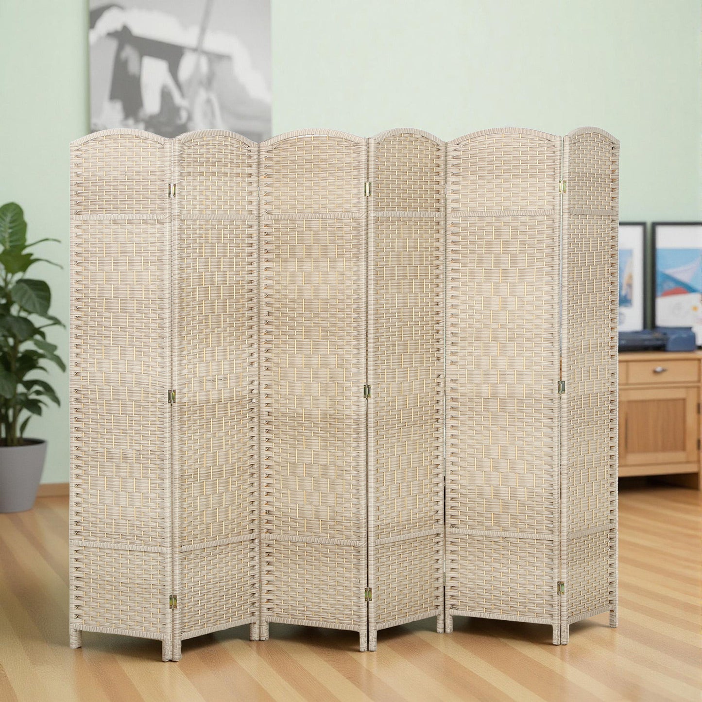 6 Ft Tall Folding Room Divider, 6 Panel Portable Privacy Screen, Hand-Woven Partition Wall Divider, Light Oak
