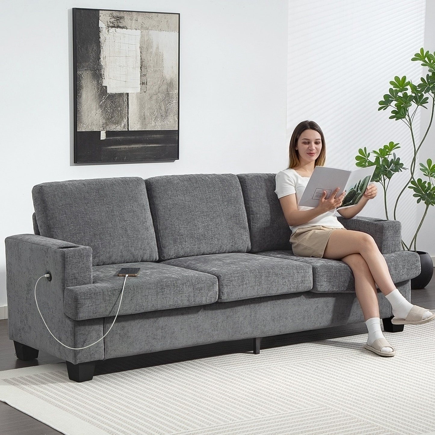 3-Seater Chenille Sofa with USB & Cup Holders - Grey