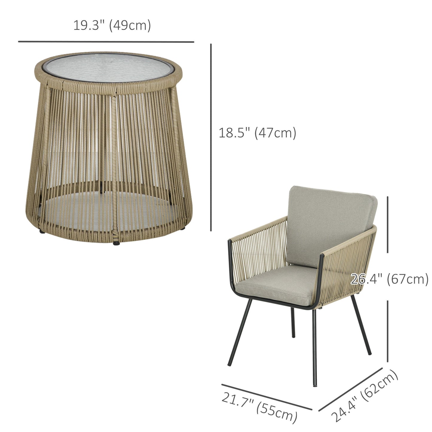 3 Piece Outdoor Patio Bistro Set, Wicker Rattan Furniture with Metal Legs for Garden, Backyard, Coffee and Light Grey