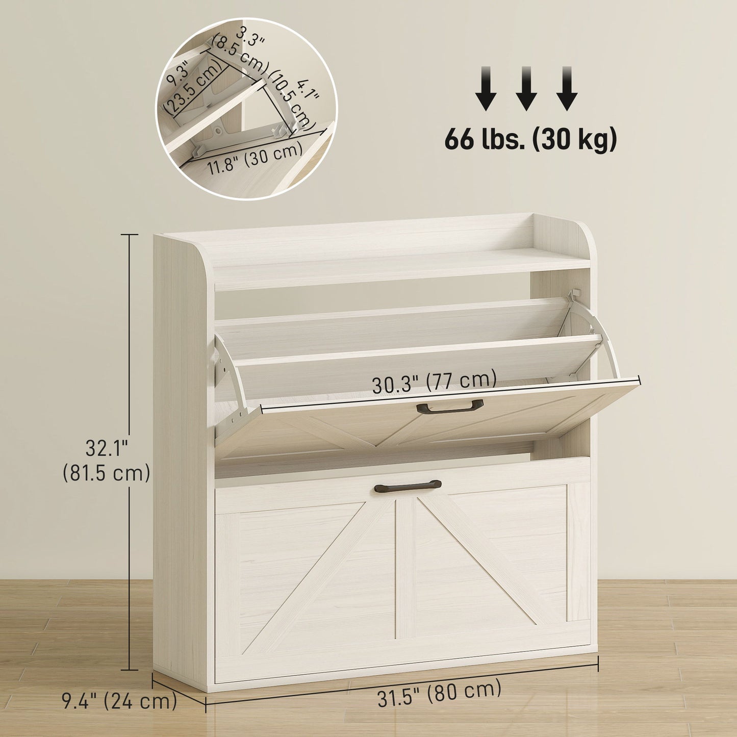 Narrow Shoe Storage Cabinet, Farmhouse Slim Shoe Cabinet with 2 Flip Drawers, Adjustable Shelves, White Oak