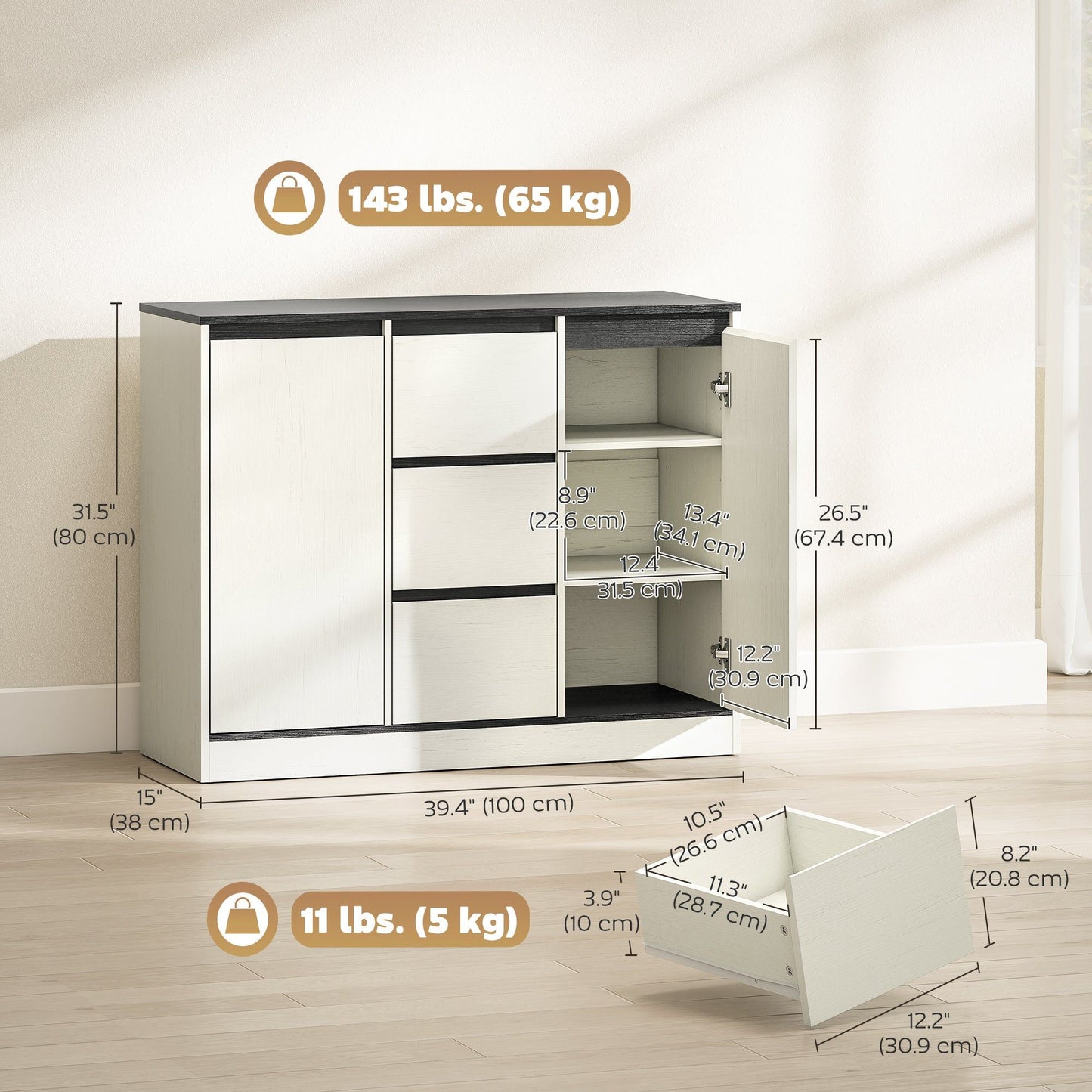 Sideboard Buffet with 3 Drawers and Soft-Close Hinges - White Wood Grain