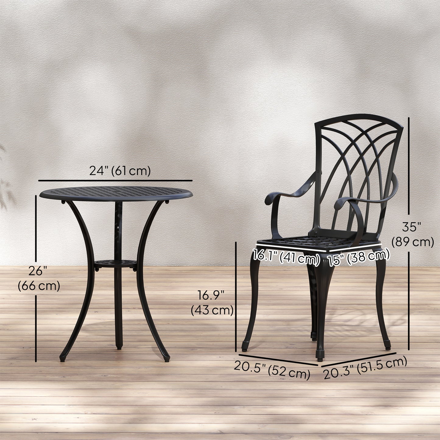 3 Pieces Patio Bistro Set, Cast Aluminum Outdoor Conversation Furniture Set, Coffee Table with Umbrella Hole, 2 Armchairs, Brown