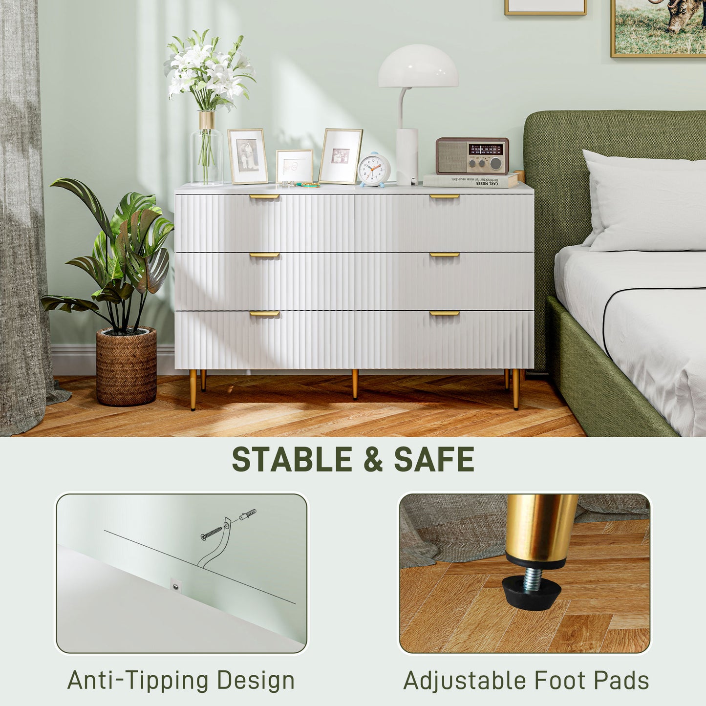 Modern Chest of Drawers 6 Drawer Dresser for Bedroom with Gold Legs and Handles, White