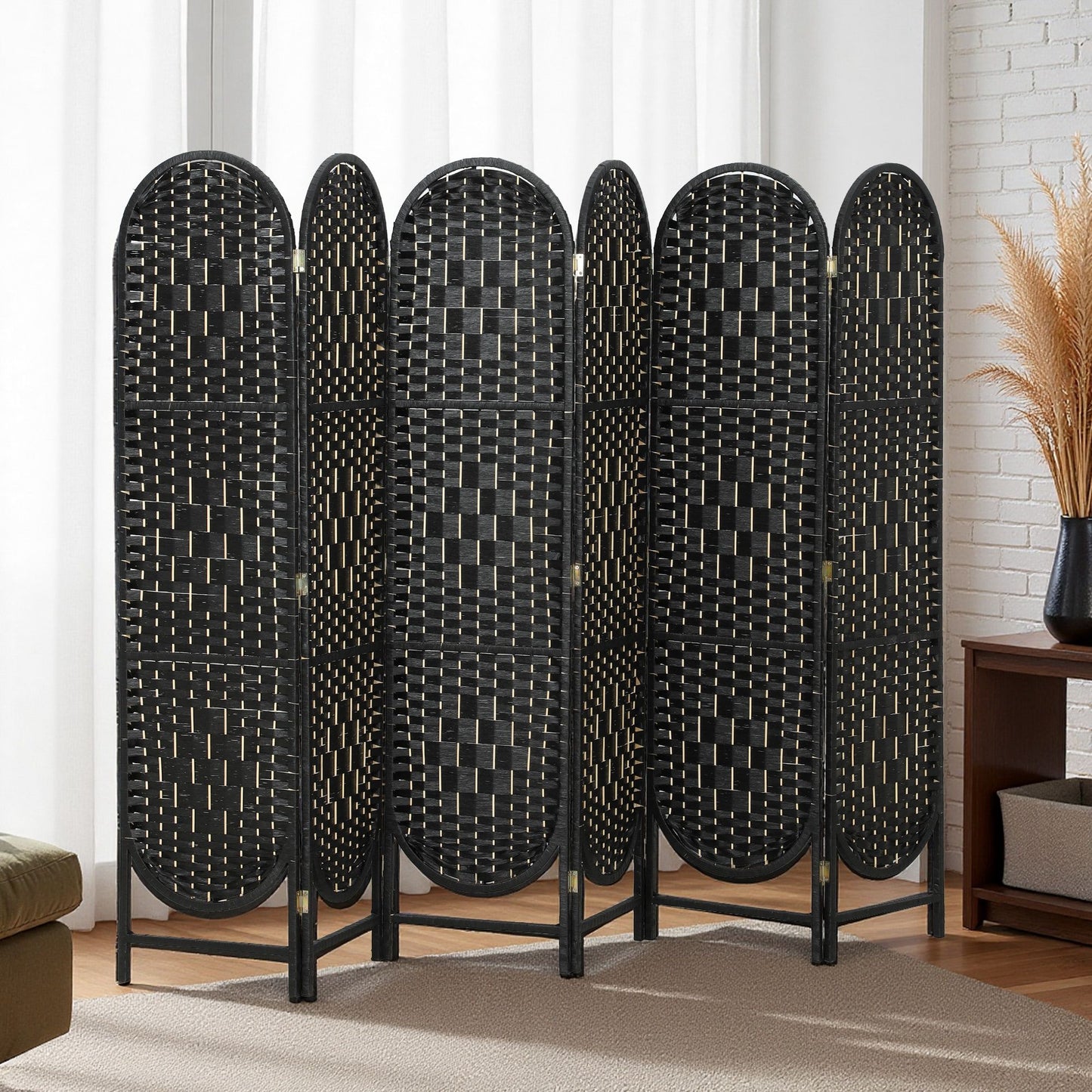 Bohemian Privacy Screen, Folding Room Divider with 6 Panels and Arched Top for Bedroom Living Room Office, Black
