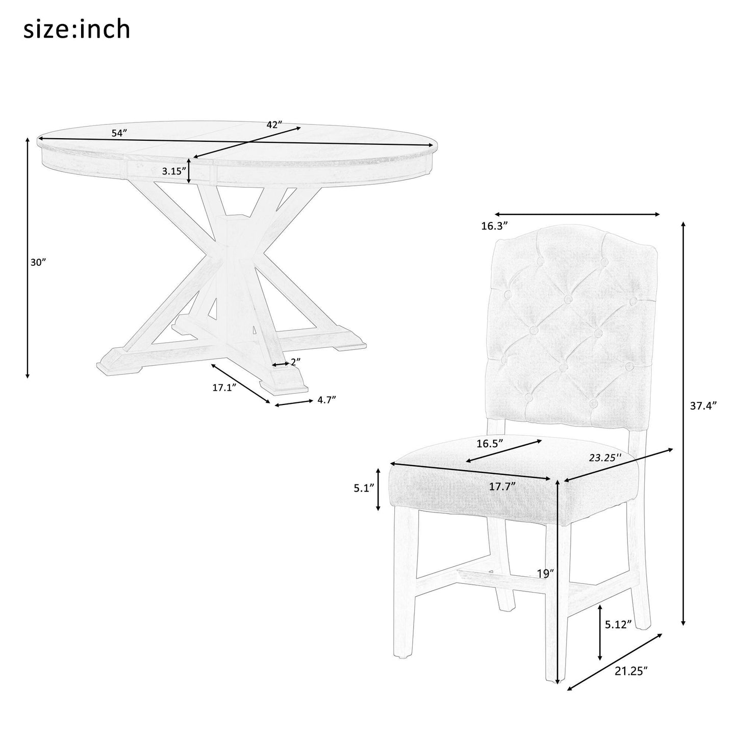 Extendable Dining Table Set with 4 Upholstered Chairs, Stylish Kitchen Table Set with Oak Veneer Top, 54" L x 42" W x 30" H, Off White+Walnut