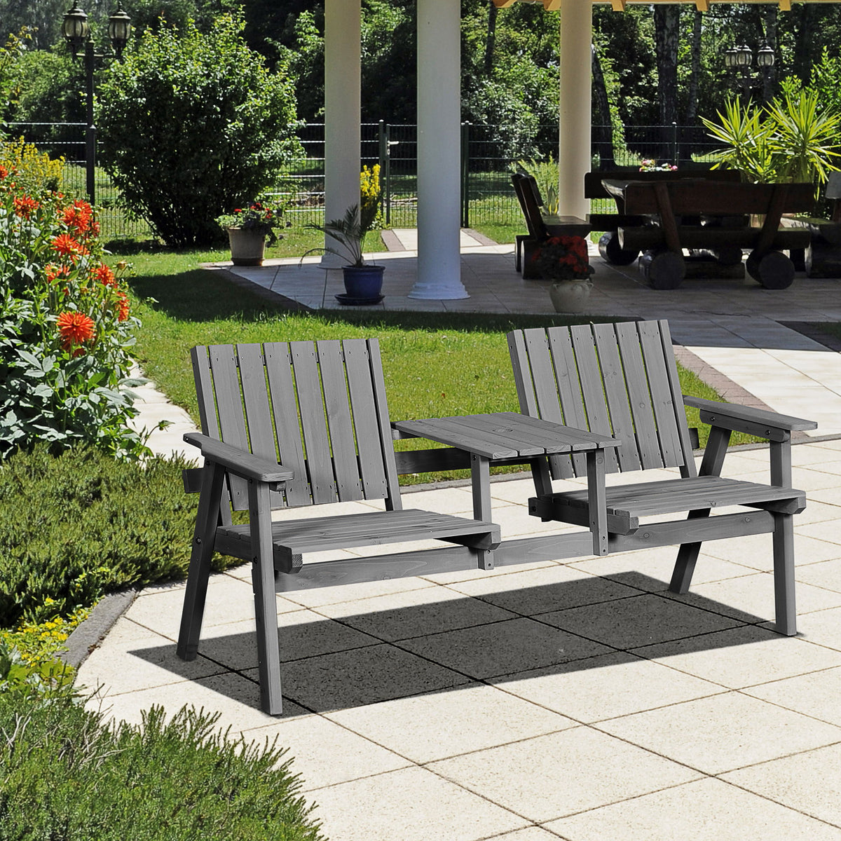 2-Seater Outdoor Bench with Middle Table, Wooden Garden Bench with Parasol Hole, Patio Loveseat for Yard, Porch, Grey