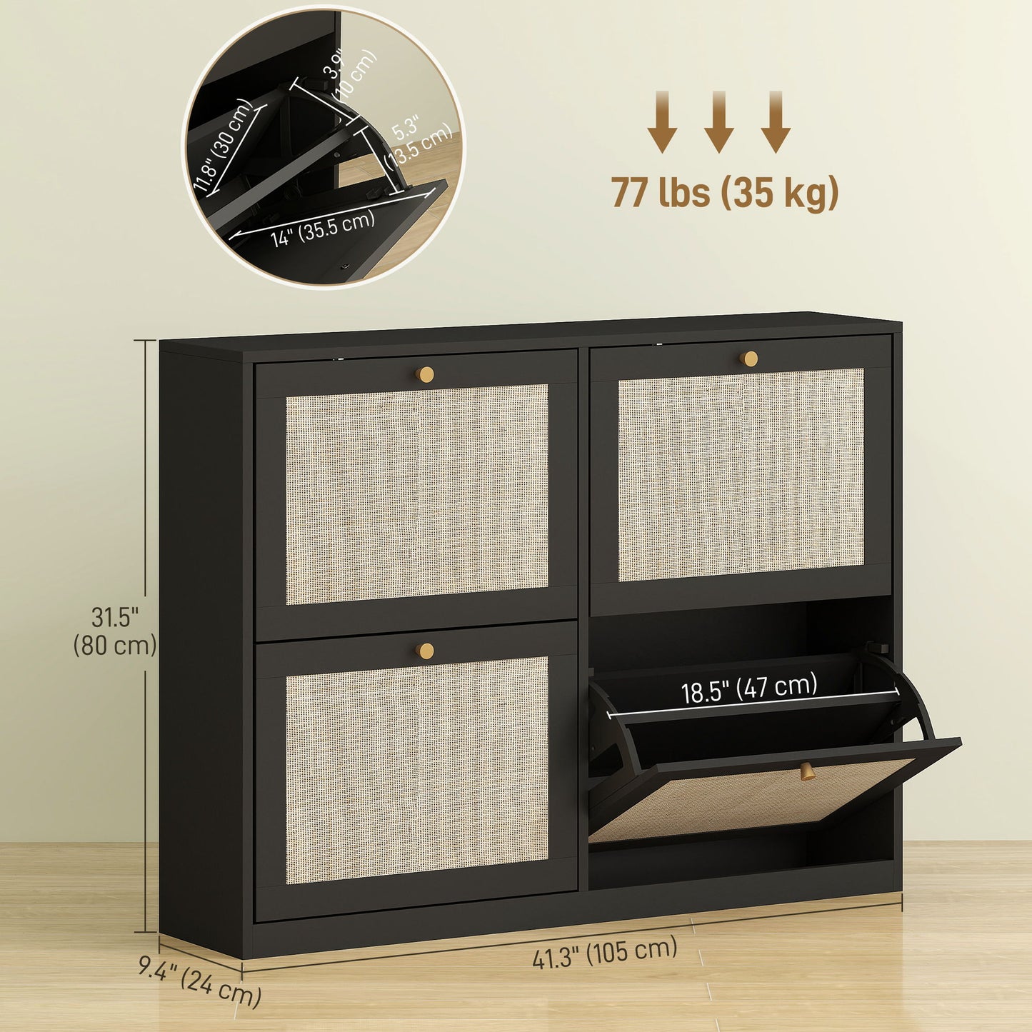 Narrow Shoe Storage Cabinet, Rattan Shoe Cabinet with 4 Flip Drawers and Adjustable Shelves for 20 Pairs, Black