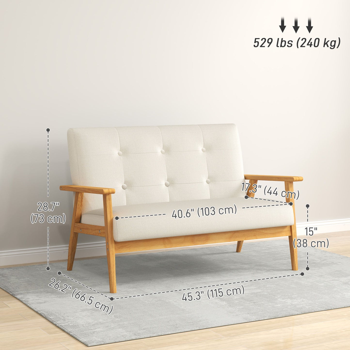 45" 2 Seat Sofa, Upholstered Two Seater Couch with Rubber Wood Legs for Bedroom, Living Room, Beige
