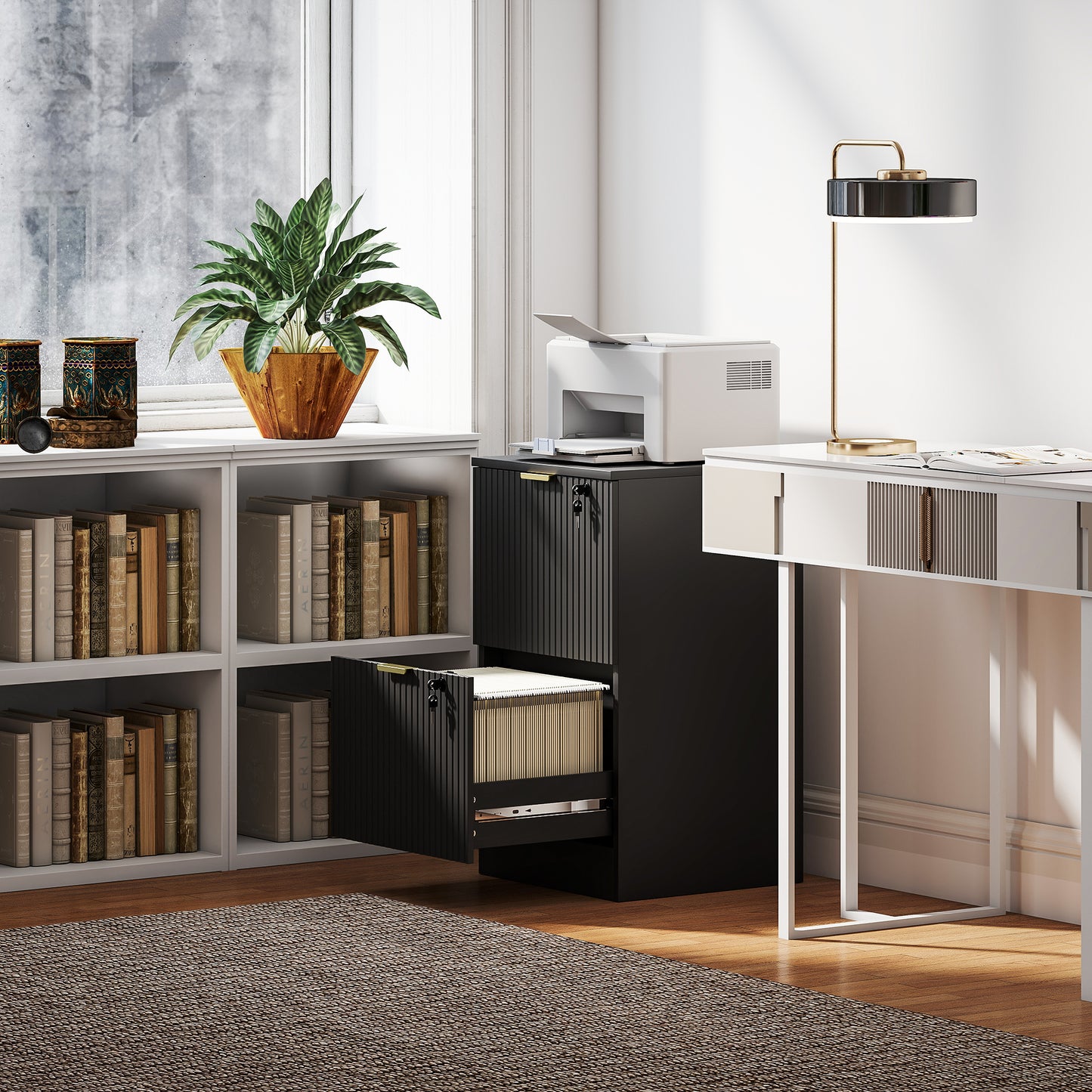 Lockable Filing Cabinet with 2 Fluted Drawers, File Cabinet with Adjustable Hanging Rails for A4 Letter Files, Black