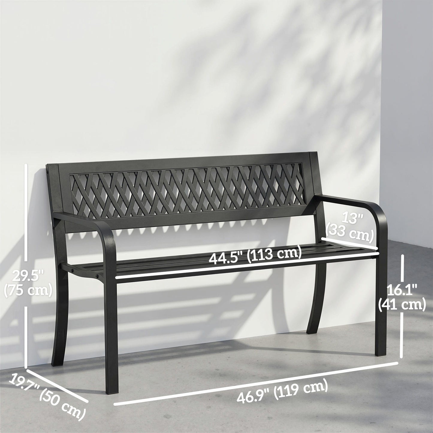 Outdoor Bench with Floral Backrest 2 Seater Garden Bench with Armrests for Yard Park Balcony Black