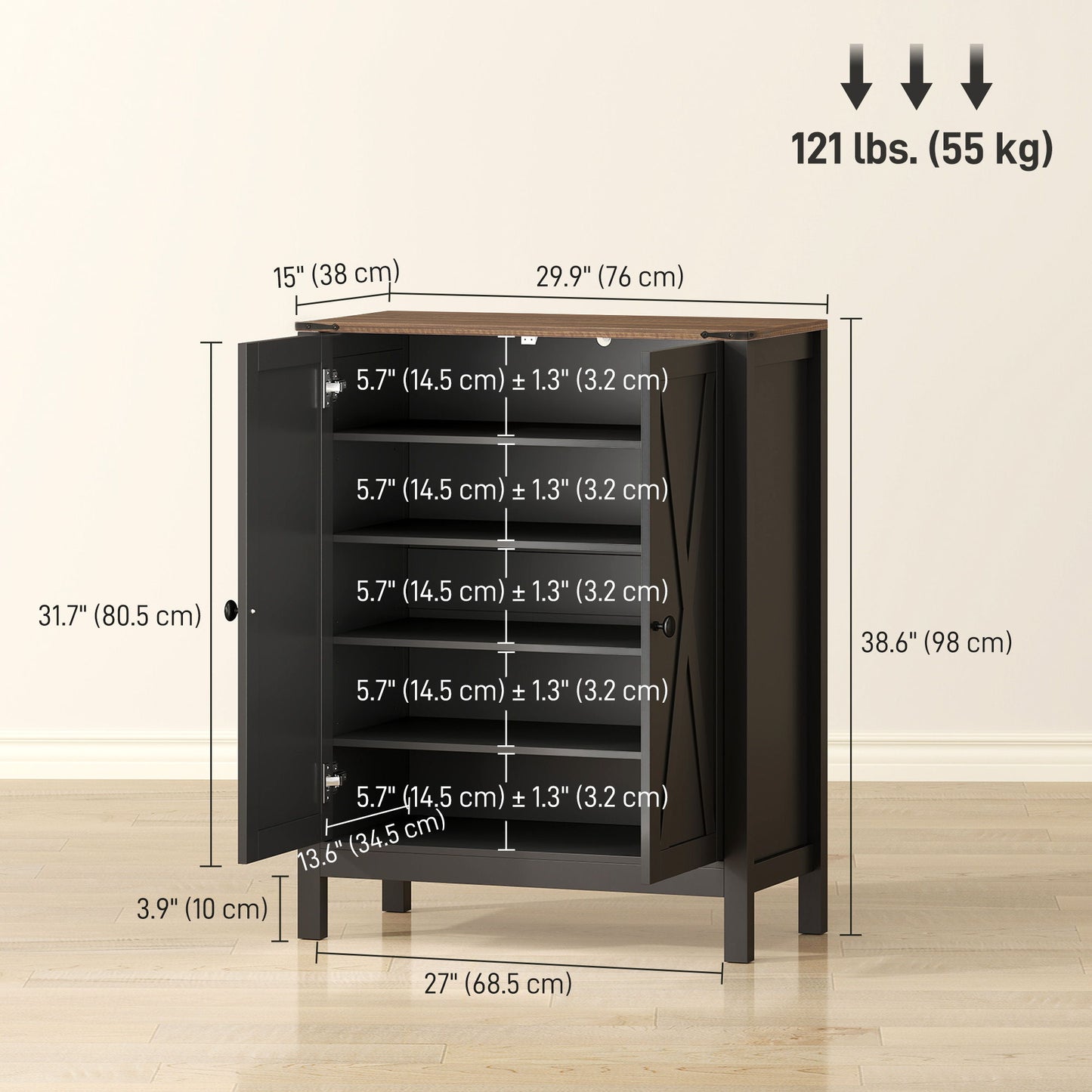 Shoe Cabinet with Barn Doors, Farmhouse Shoe Storage Cabinet with Adjustable Shelves, Holds up to 15 Pairs, Black
