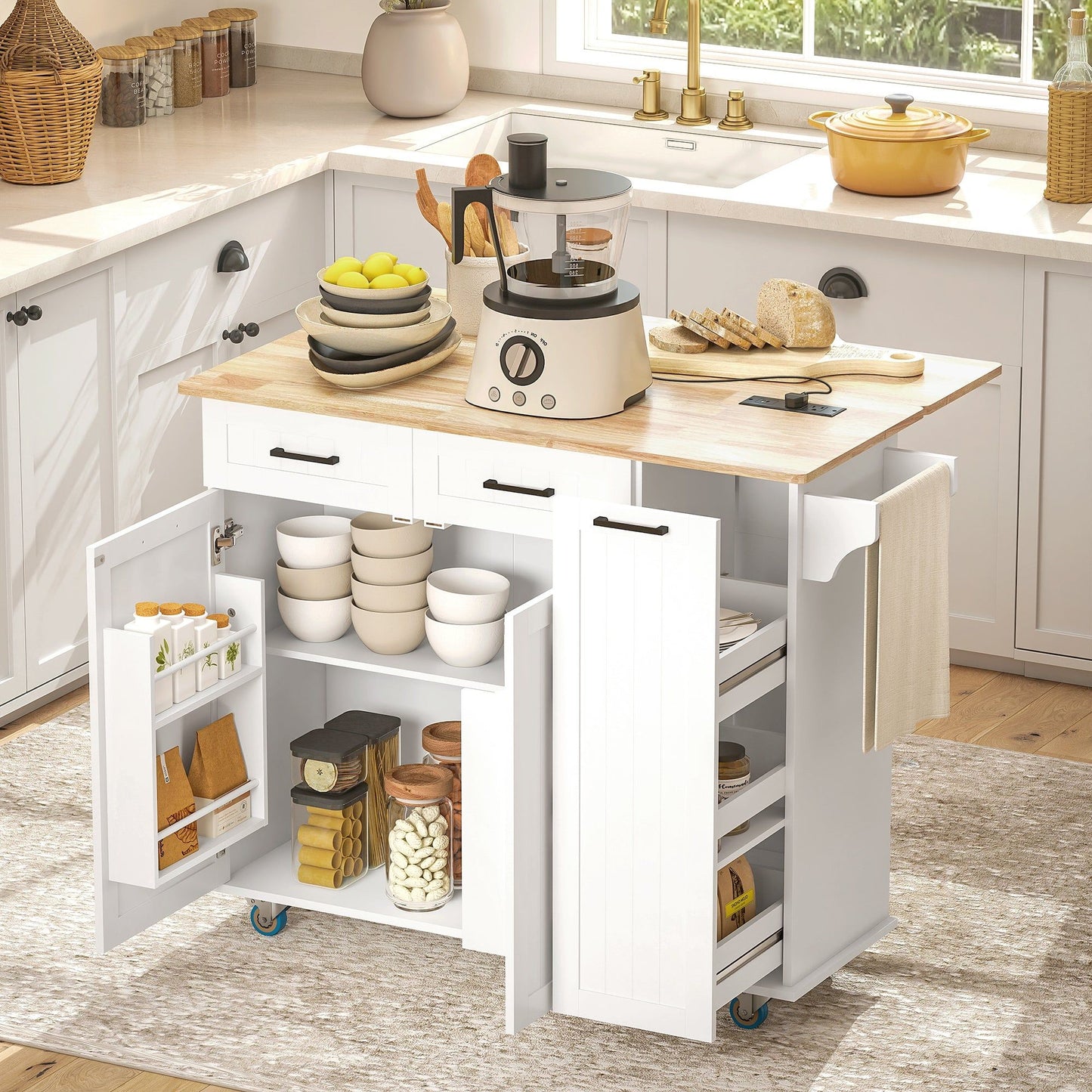 Rolling Kitchen Island with Drop Leaf and Charging Station - White