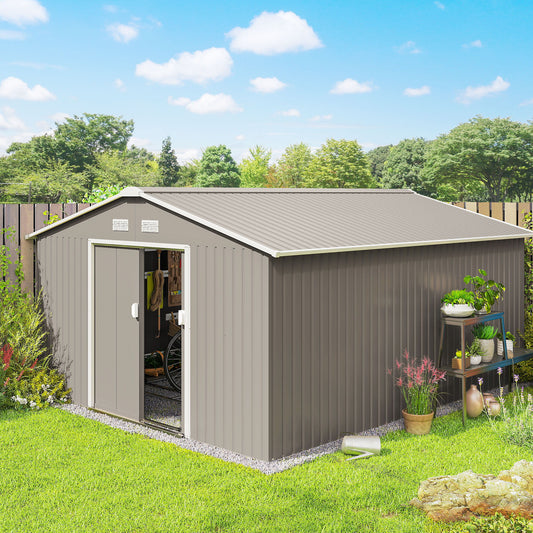 11' x 13' Practical Backyard Garden Storage Tool Shed Double Sliding Door 4 Ventilation Slots, Light Grey