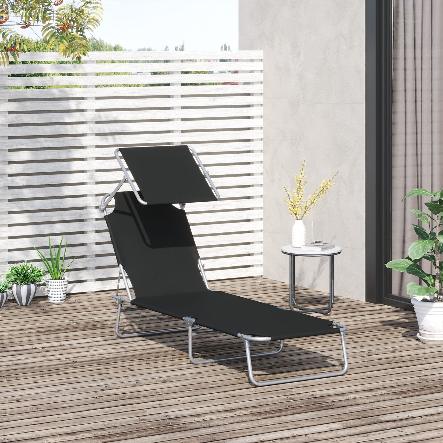 Outdoor Lounge Chair, Adjustable Folding Chaise Lounge, Tanning Chair with Sun Shade for Beach, Camping, Hiking, Backyard, Black