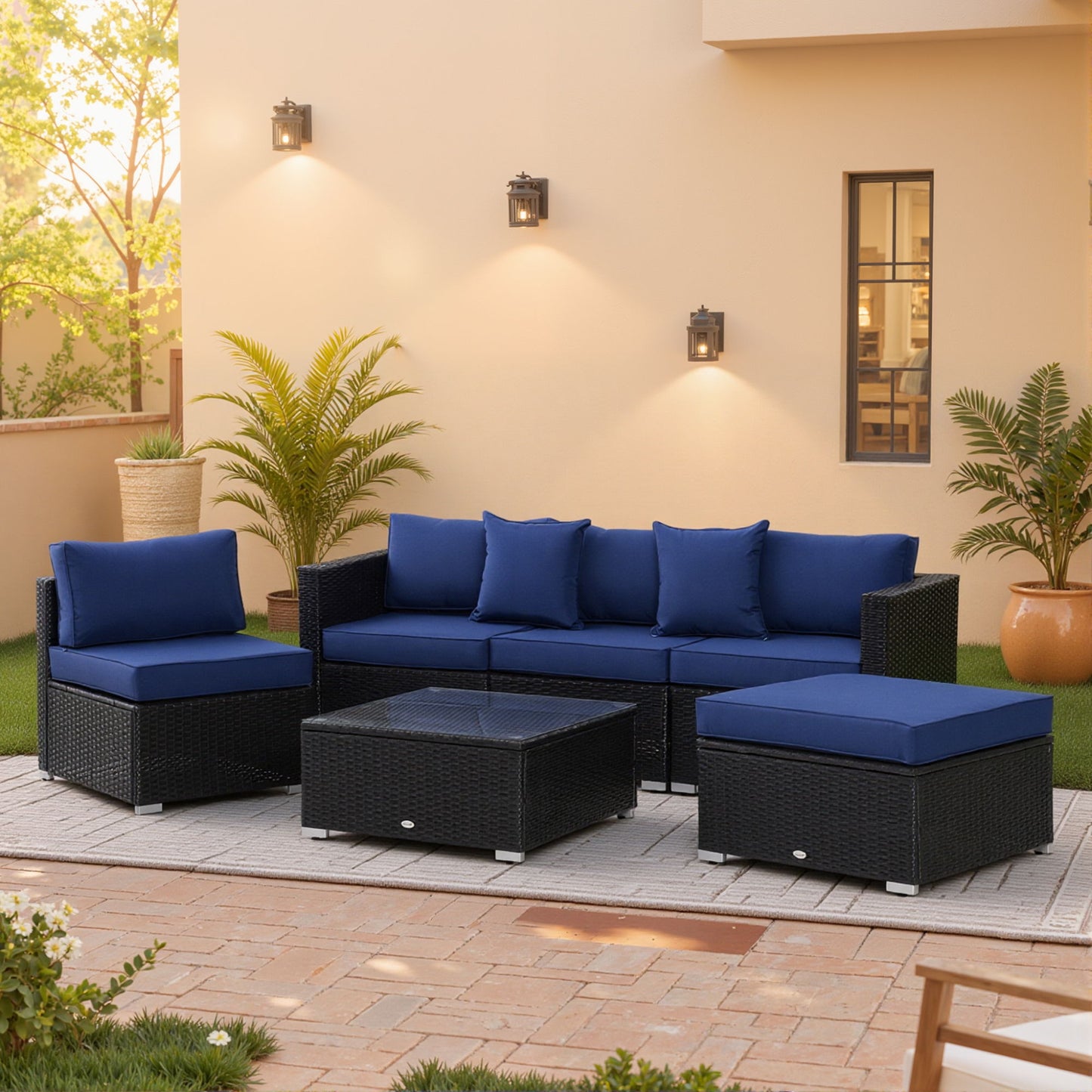 6 Pieces Outdoor PE Rattan Wicker Patio Furniture Sofa Set with Thick Cushions, Deluxe Garden Sectional Couch with Glass Top Table, Black and Dark Blue
