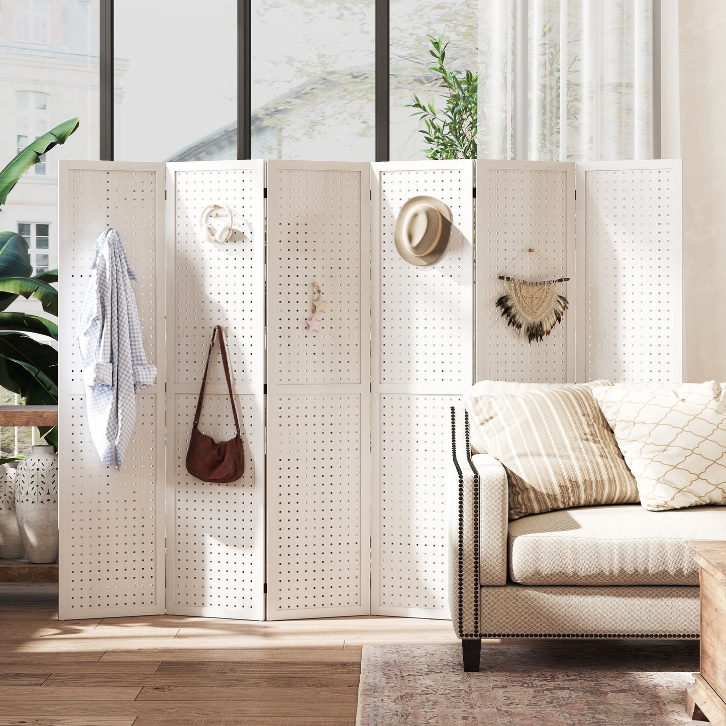 5.6 Ft. Tall 6-Panel Room Divider, Pegboard Panel Folding Privacy Screen, Partition Wall Divider for Bedroom, White