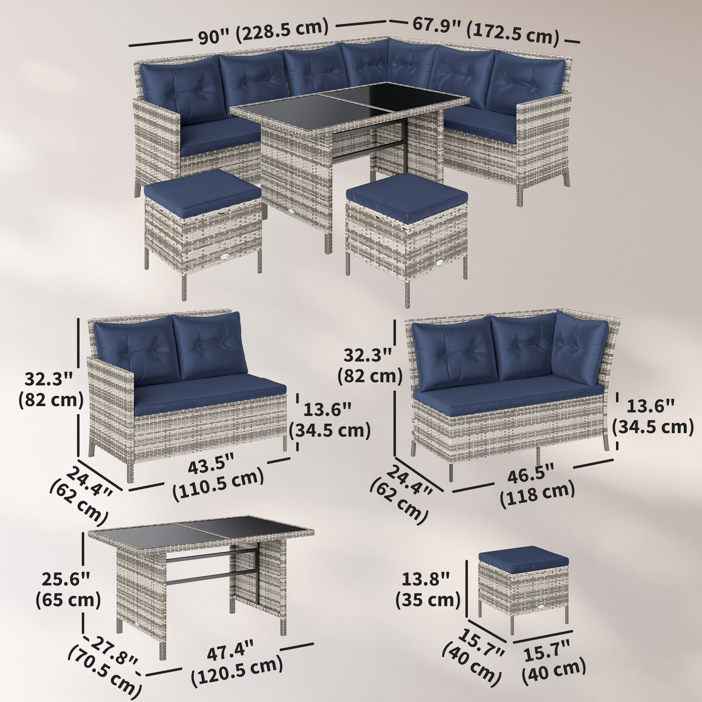 6pcs Outdoor Rattan Sofa Set Garden Wicker Sectional Couch Furniture Set with Dining Table and Chair Deep Blue