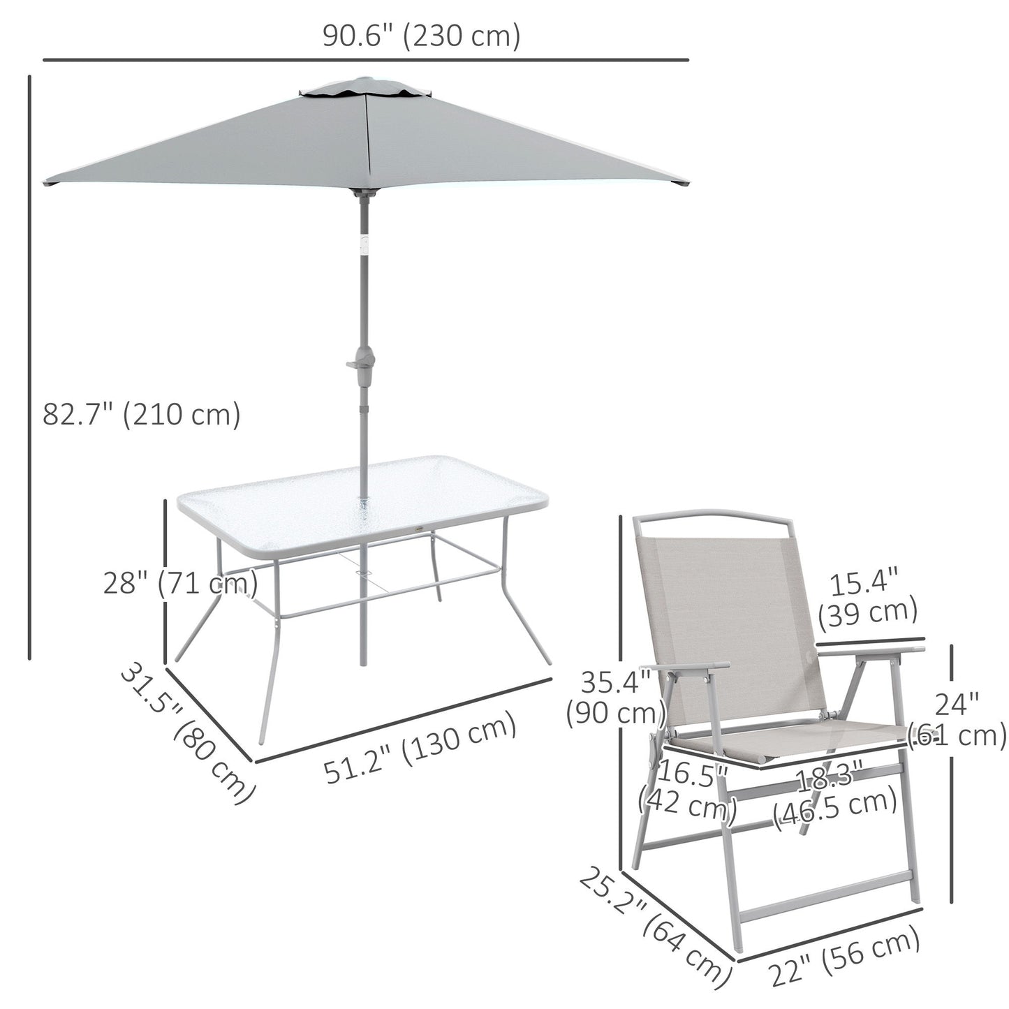 8 Piece Patio Dining Set with Table Umbrella, 6 Folding Chairs and Rectangle Dining Table, Grey