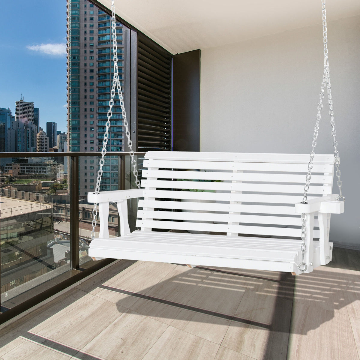 2 Seater Porch Swing Wooden Patio Swing Chair Seat with Cup Holder and Chains Outdoor Swing Bench for Garden Yard, White
