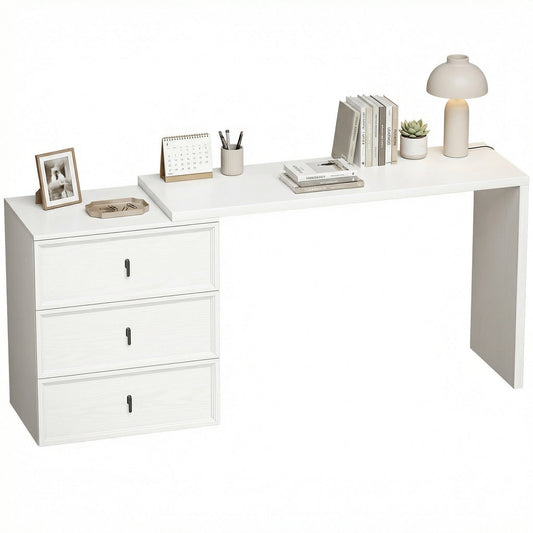 L-Shaped Computer Desk with 3 Drawers - White Wood Grain