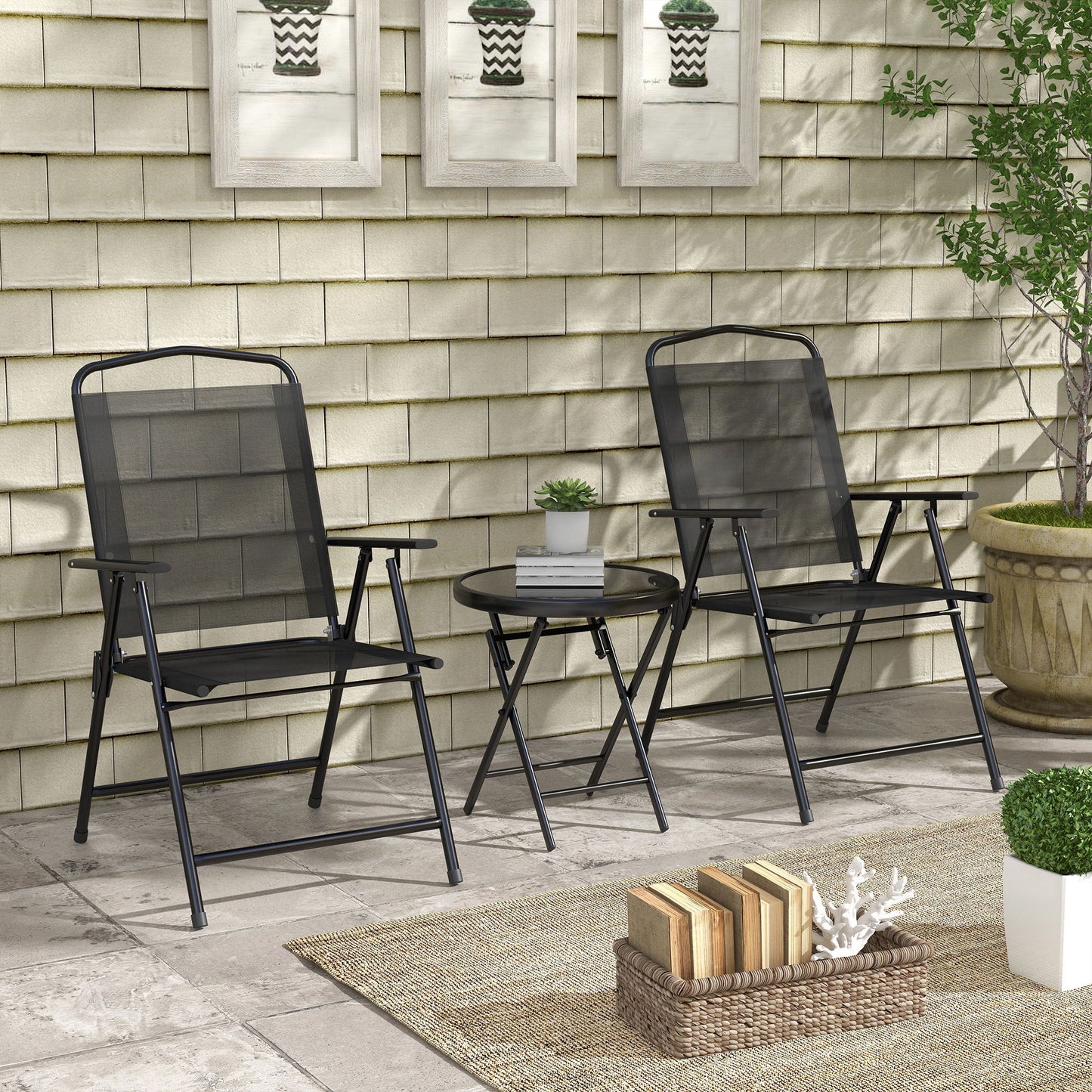 3 Pieces Bistro Set, Foldable Patio Furniture Set with Mesh Chairs, Glass Table for Garden, Balcony, Black