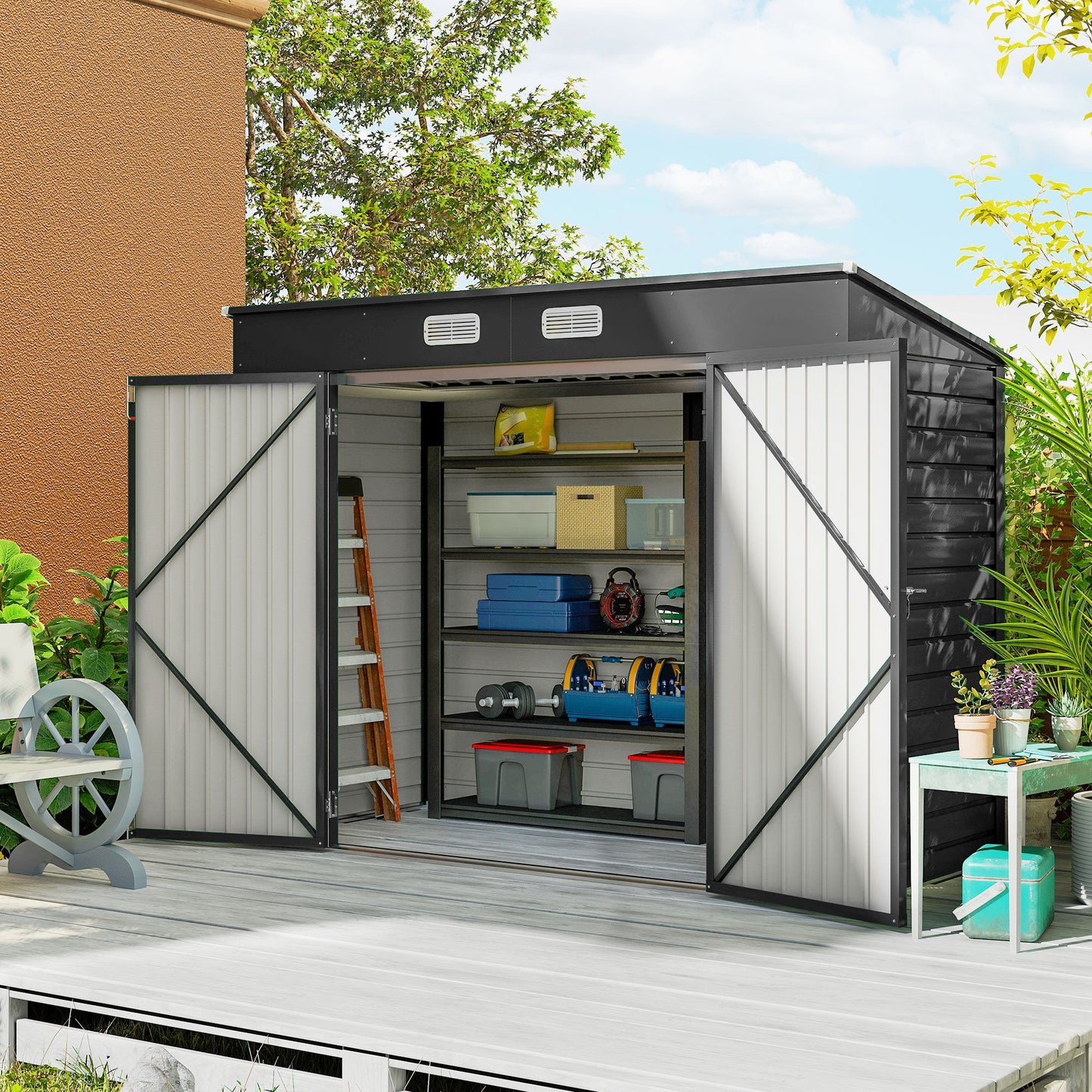 8 x 4FT Galvanized Garden Storage Shed, Metal Outdoor Shed with Double Doors and 2 Vents, Grey