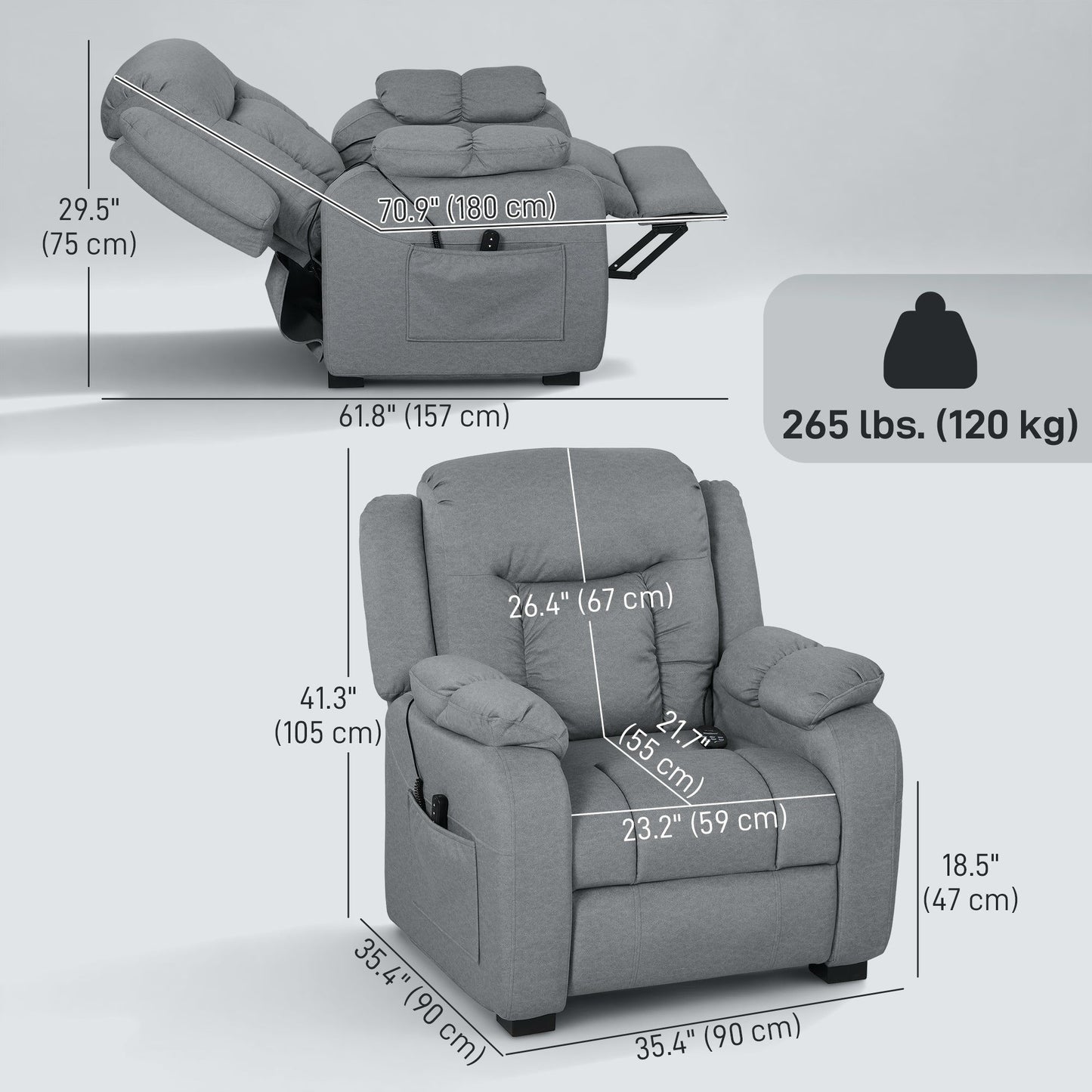 Power Massage Recliner with 2 Memory Positions - Grey