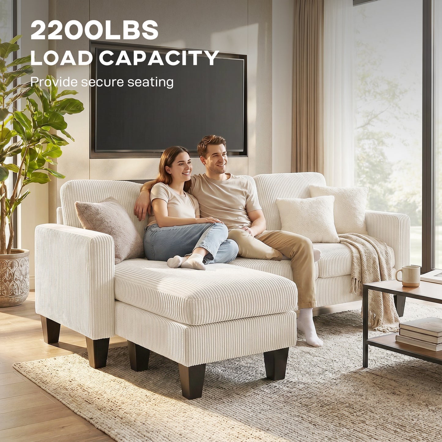L-Shape Corduroy Sectional Sofa with Reversible Chaise - Cream White