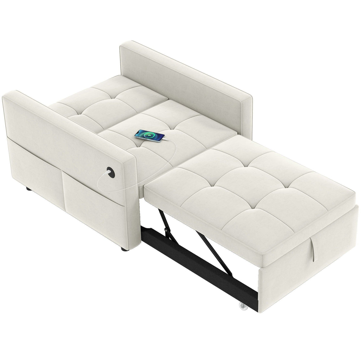 Convertible Pull-Out Sleeper Chair Bed with USB - Cream White