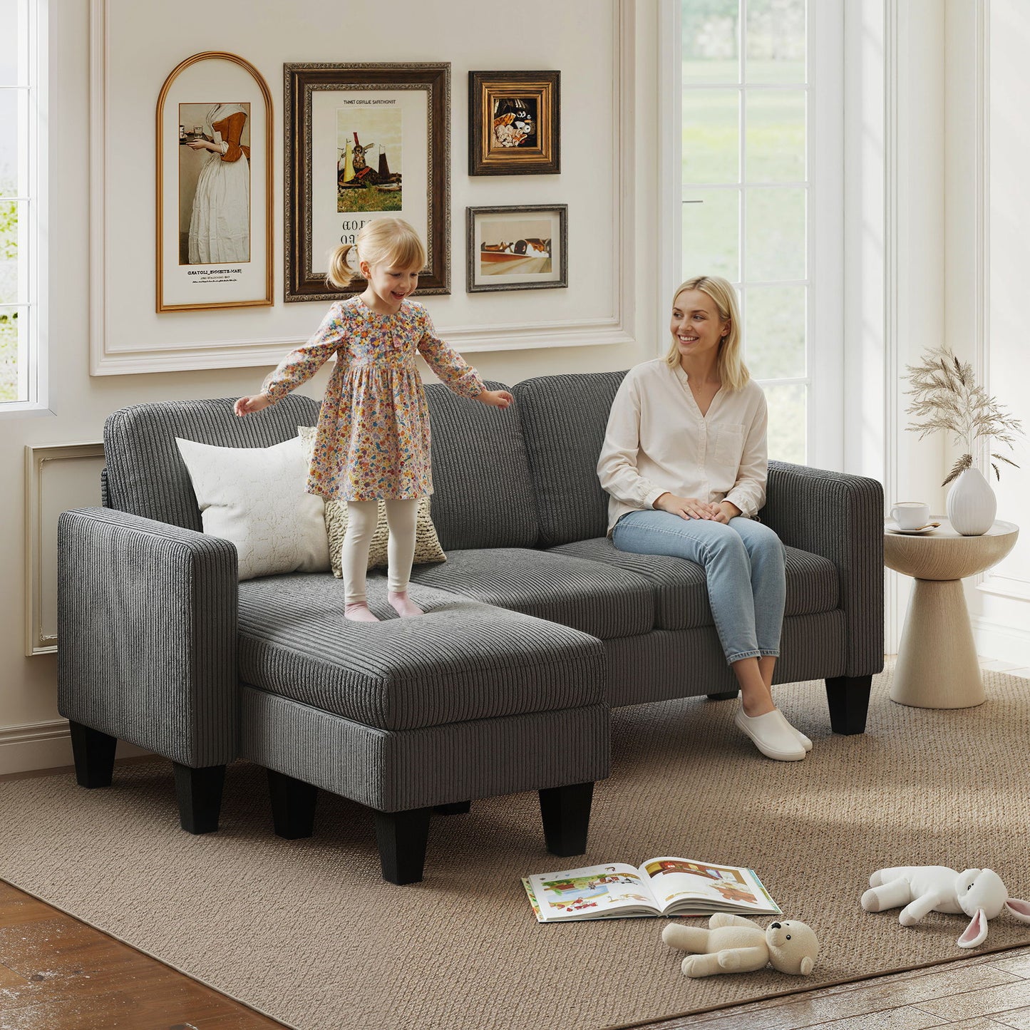 Sectional Sofa, L Shaped Couch, with Changeable Chaise or Ottoman, Dark Grey