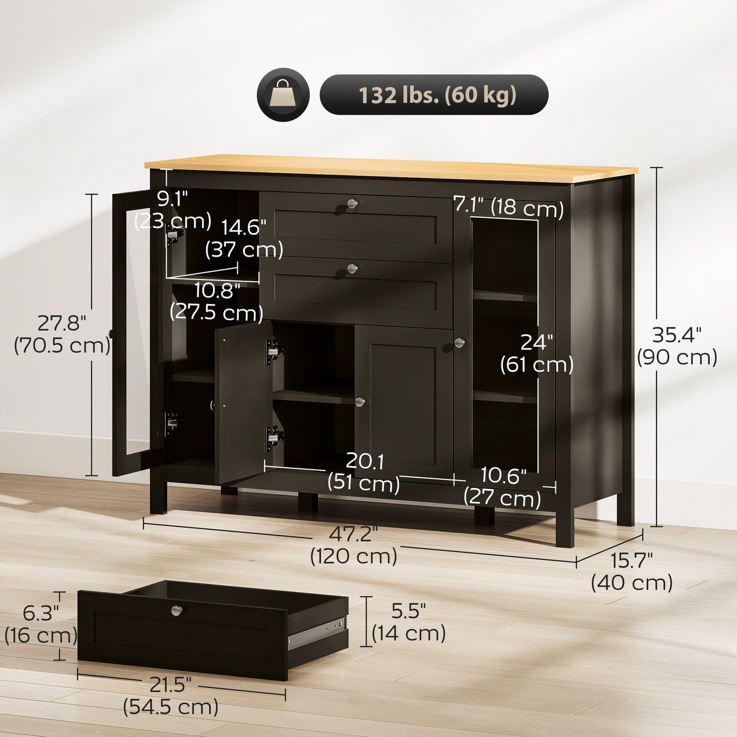 Buffet Sideboard with 2 Drawers & Glass Doors - Dark Brown