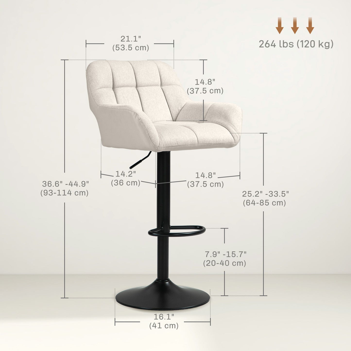 Swivel Barstools Set of 2 Adjustable Bar Stools with Footrest Armrests and PU Leather Back for Dining Room Cream White