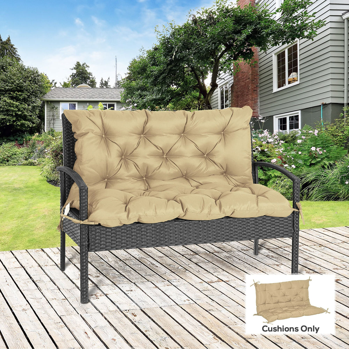 2-Seater Garden Bench Cushion Swing Chair Mat Replacement with Backrest, for Indoor and Outdoor, 39.4"x38.6", Khaki