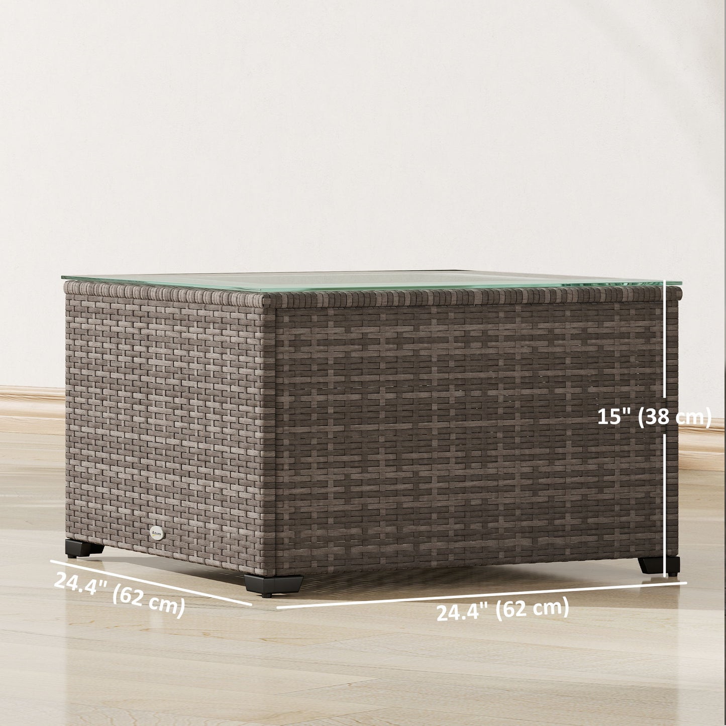 24.4" Patio Wicker Coffee Table, PE Rattan Outdoor Side Table with Tempered Glass Top, Black