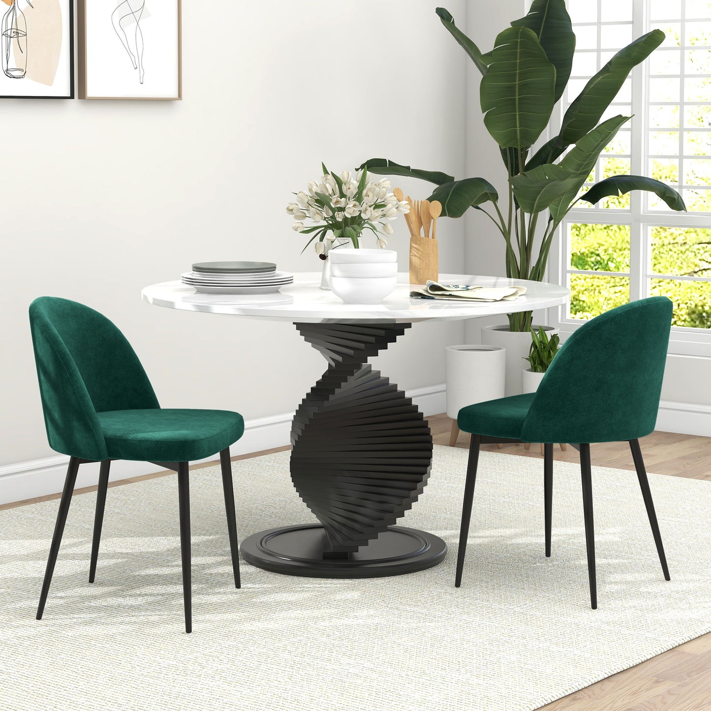 Set of 2 Mid-Back Dining Chair, Mid-Back Velvet-touch Upholstery Kitchen Chair for Living Room Dining Room, Green
