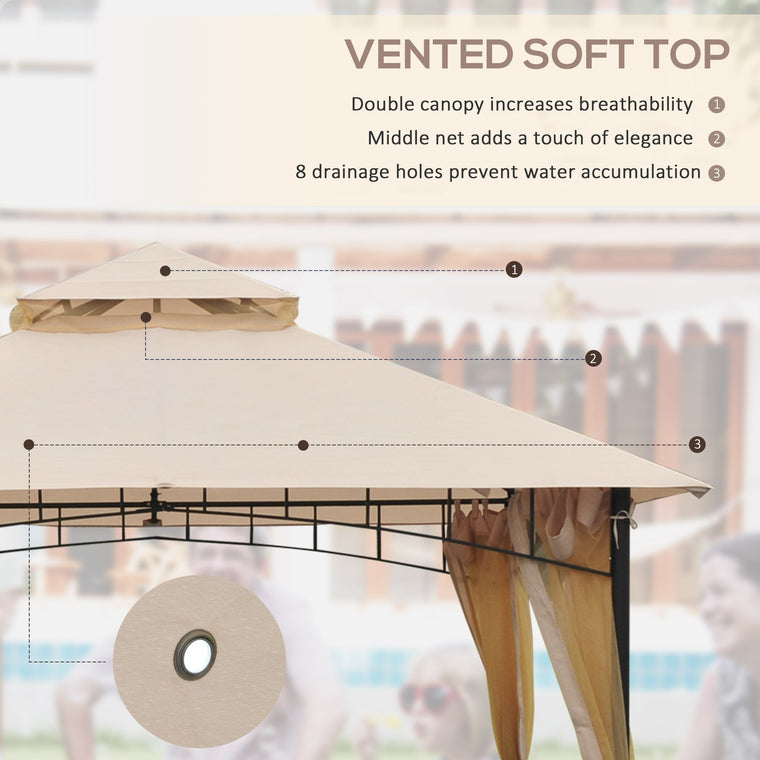 10' x 10' Beige Double-Tier Gazebo with Metal Frame & Sidewalls