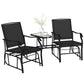 Double Patio Glider Chair with Glass Top Center Table, Outdoor Glider Loveseat with High Back, All Weather Breathable Mesh Fabric for Garden, Backyard, Deck, Black