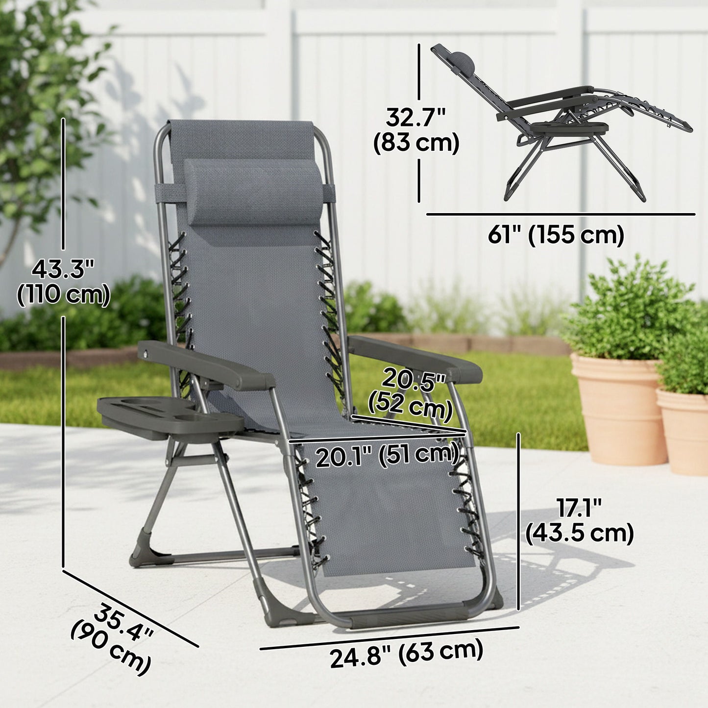 Zero Gravity Chair Set of 2, Folding Reclining Outdoor Lounge Chair with Cup Holder, Headrest, Dark Grey