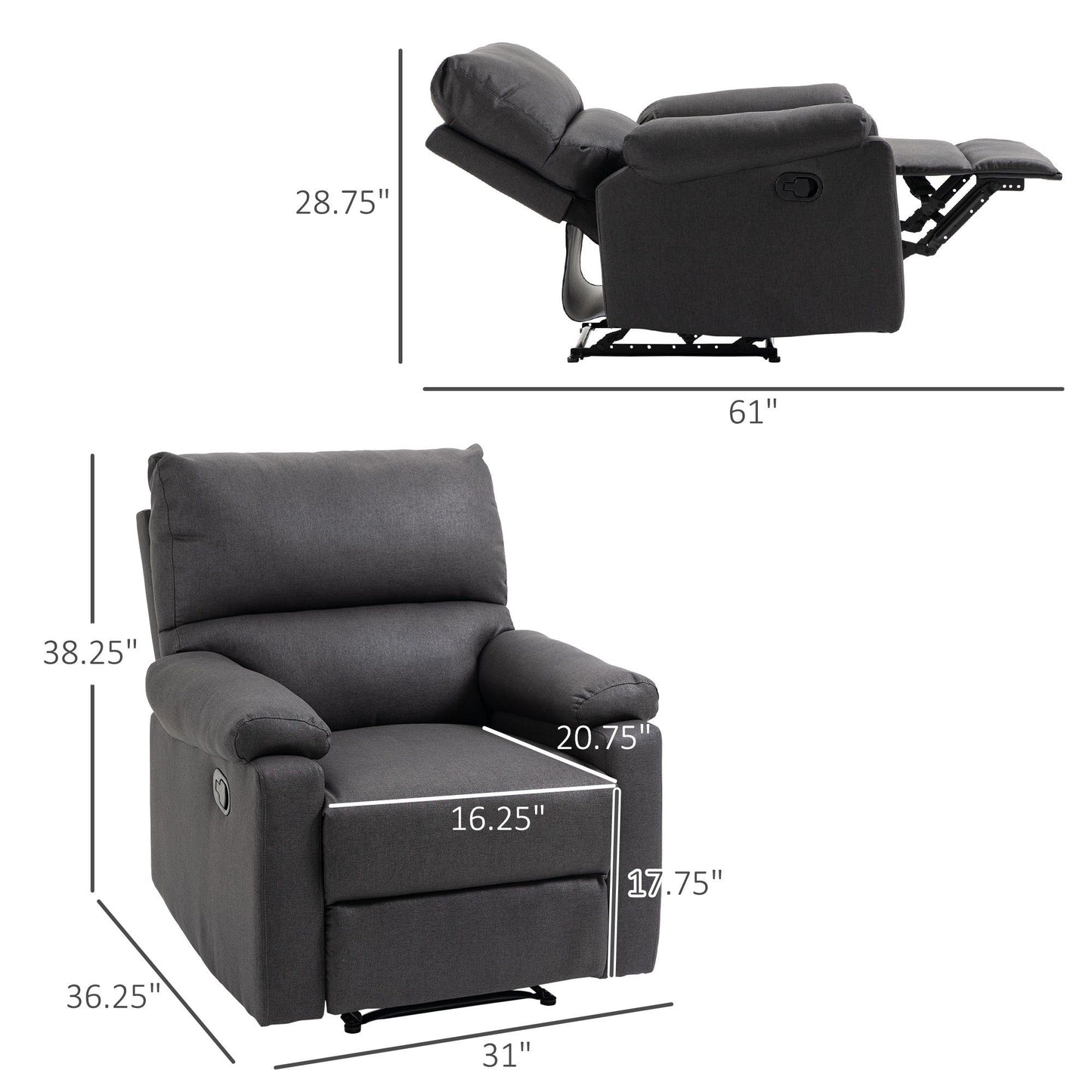 Manual Recliner Chair with Footrest - Dark Grey