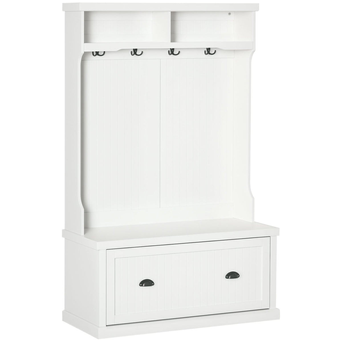 64.5" H Hall Tree with Storage Drawer & Top Shelf, Coat Rack Wooden Entryway Storage Bench Hall Tree Hallway Clothes Bag Coat Rack 4 Hooks, White