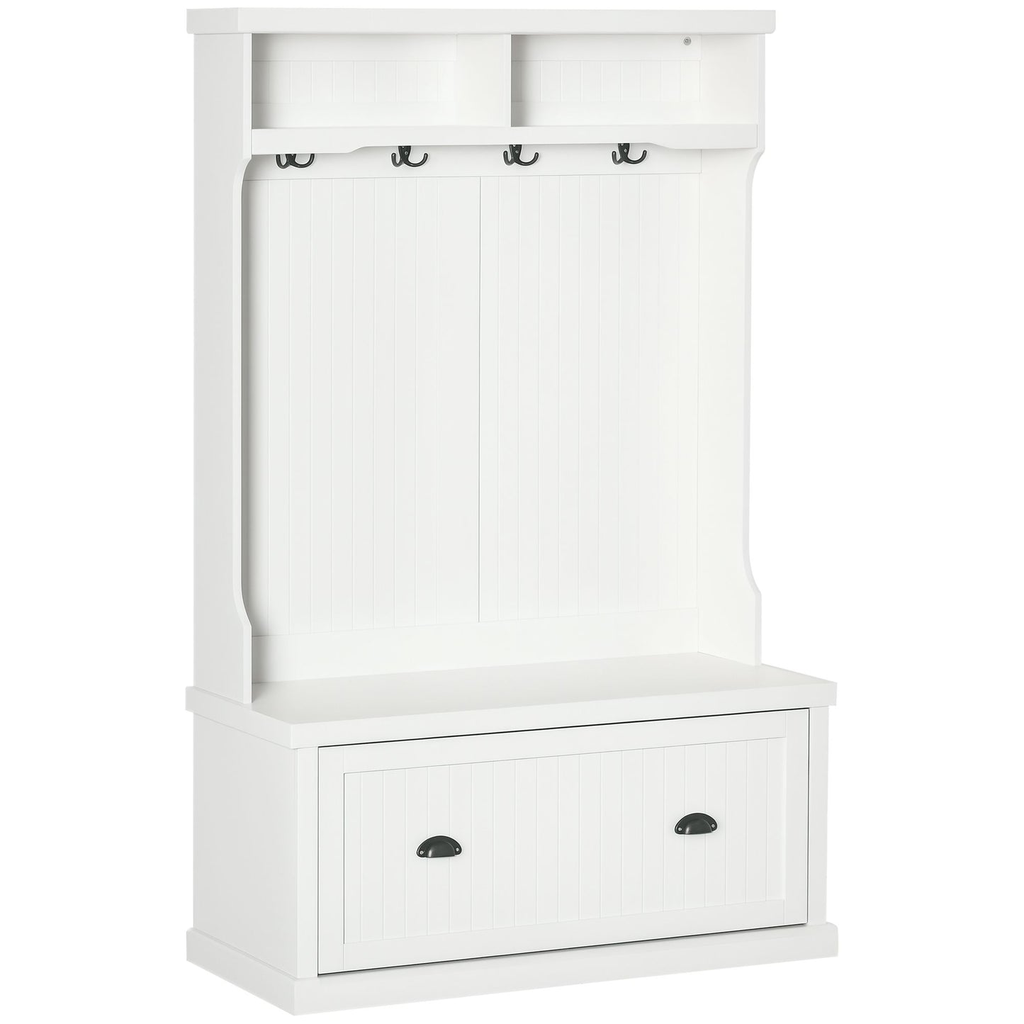 64.5" H Hall Tree with Storage Drawer & Top Shelf, Coat Rack Wooden Entryway Storage Bench Hall Tree Hallway Clothes Bag Coat Rack 4 Hooks, White