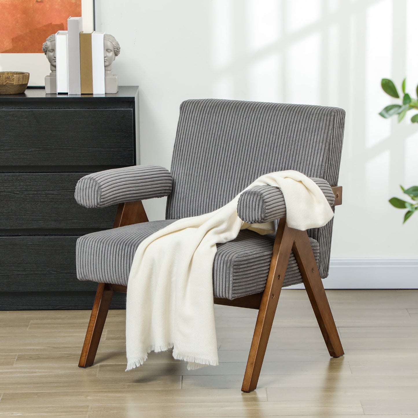 Corduroy Accent Chair Armchair with Wide Seat and Soft Padded Armrests for Reading, Bedroom, Dark Grey