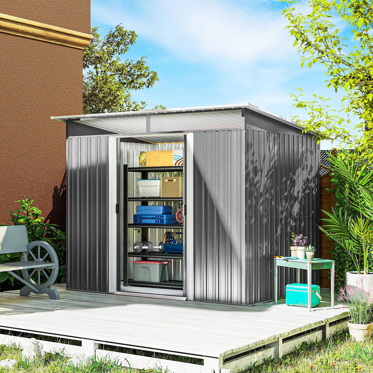 8.5' x 6' Small Gardening Shed Lockable Steel Utility Storage Outdoor Backyard Garden for Gardeners, Grey