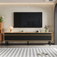 TV Stand with Elegant Stripe Design and Sturdy Wooden Legs, Three Doors, Practical and Easy Access, 67" L x 15" W x 18.5" H, Black+Natural