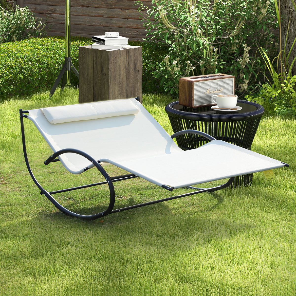 Double Chaise Lounger Garden Rocker Sun Bed Outdoor Hammock Chair Texteline with Pillow Cream White