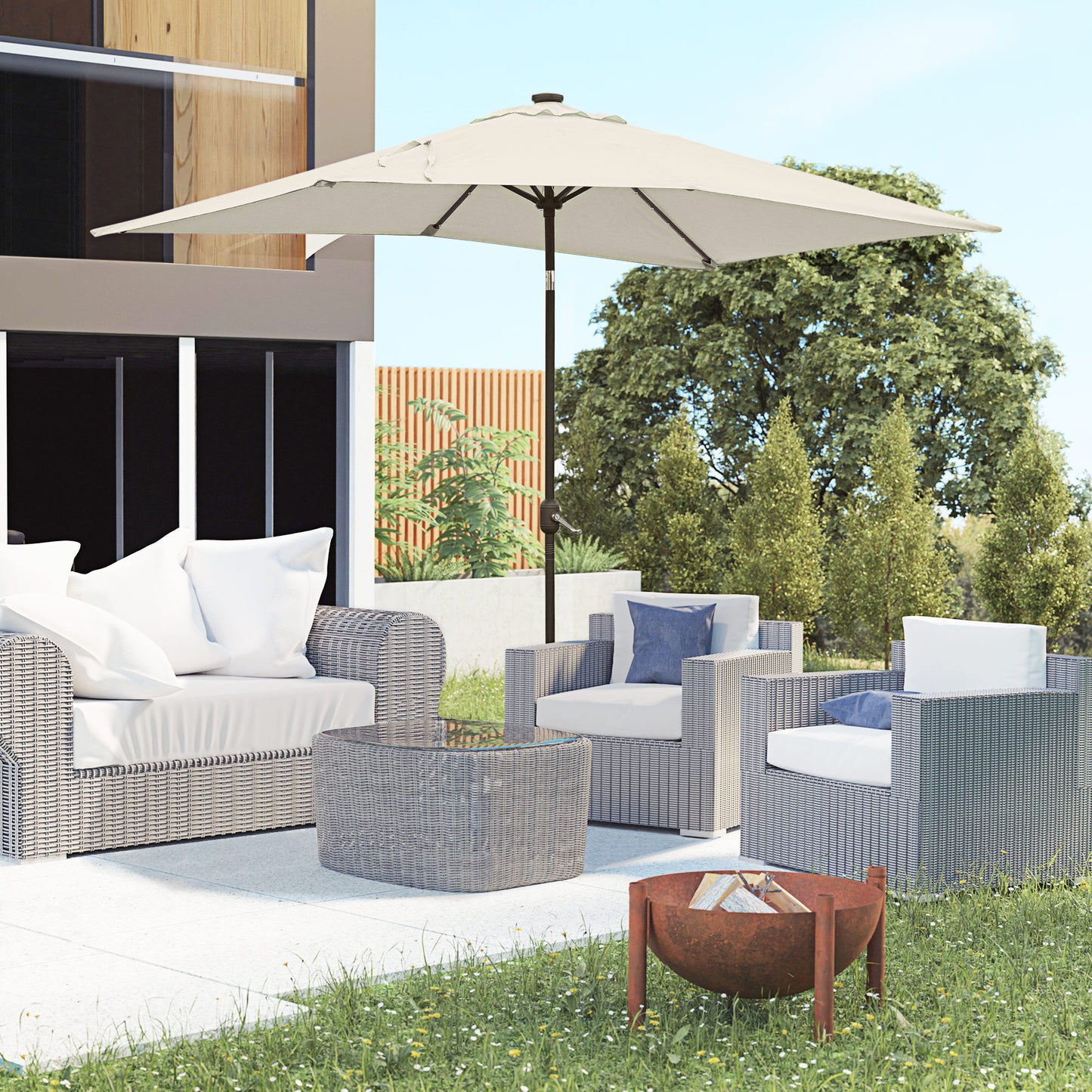 6' x 10' Patio Umbrella with 22 LED Solar Lights and Tilt, Rectangular Outdoor Table Umbrella with Crank, Beige
