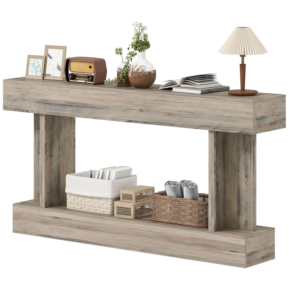 63" Narrow Console Table with Storage Shelf - Light Brown
