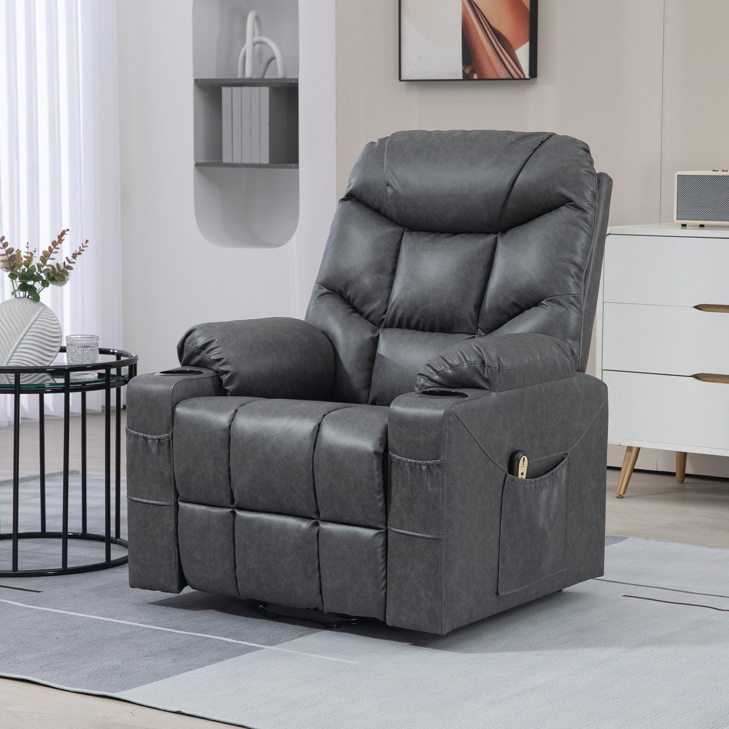 Lift Chair for Elderly, PU Leather Electric Recliner Chair with Quick Assembly, Remote, Cup Holders, Side Pockets, Grey