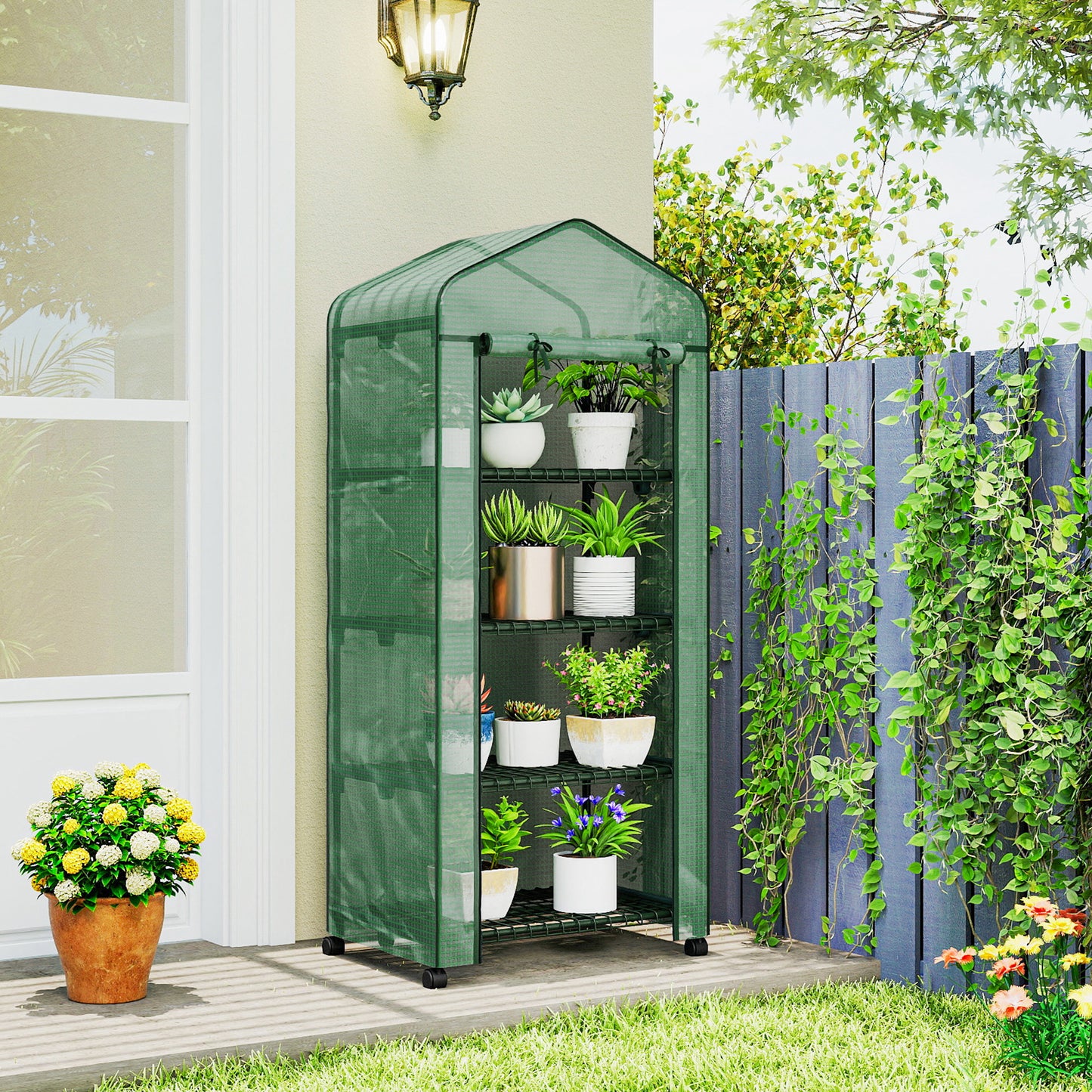 Portable Greenhouse, Outdoor Hot House Plant Flower Greenhouse with 4 Tier Shelves, PE Cover, Green