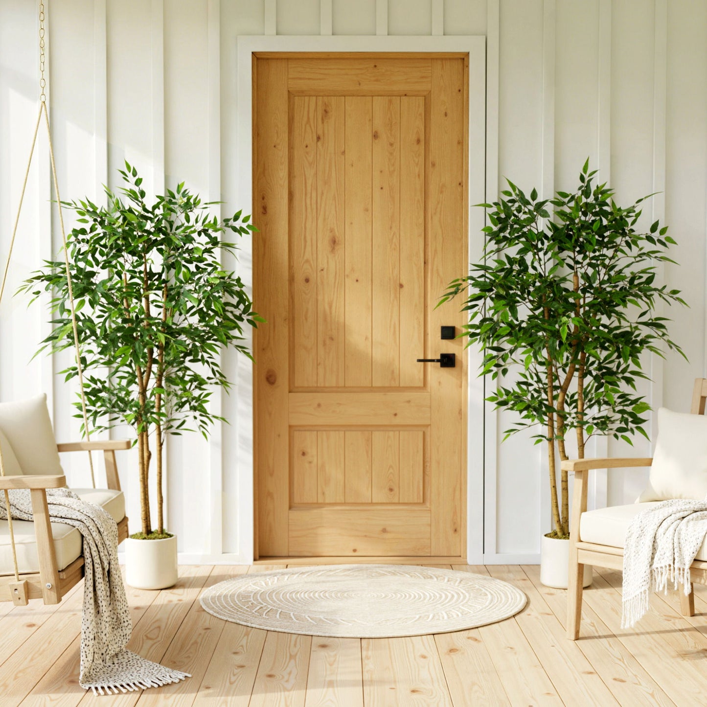 5FT Artificial Banyan Tree Set of 2, Fake Potted Tree with Solid Wood Trunk and Pot for Indoor